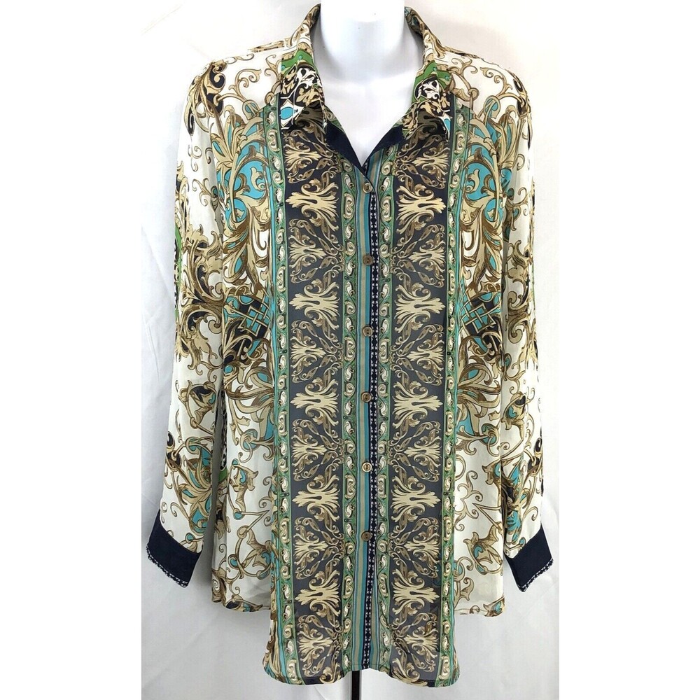 Vintage DressBarn Flowy Top Blouse L Multi Baroque Button Up Long Sleeve Retro